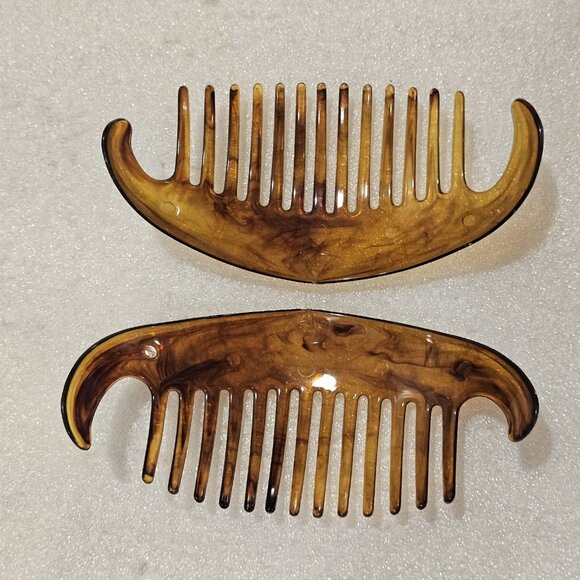 2 VTG Goody French Hair Combs Brown Faux Tourtoise Shell Amber Brown Twist Updo - Picture 4 of 10